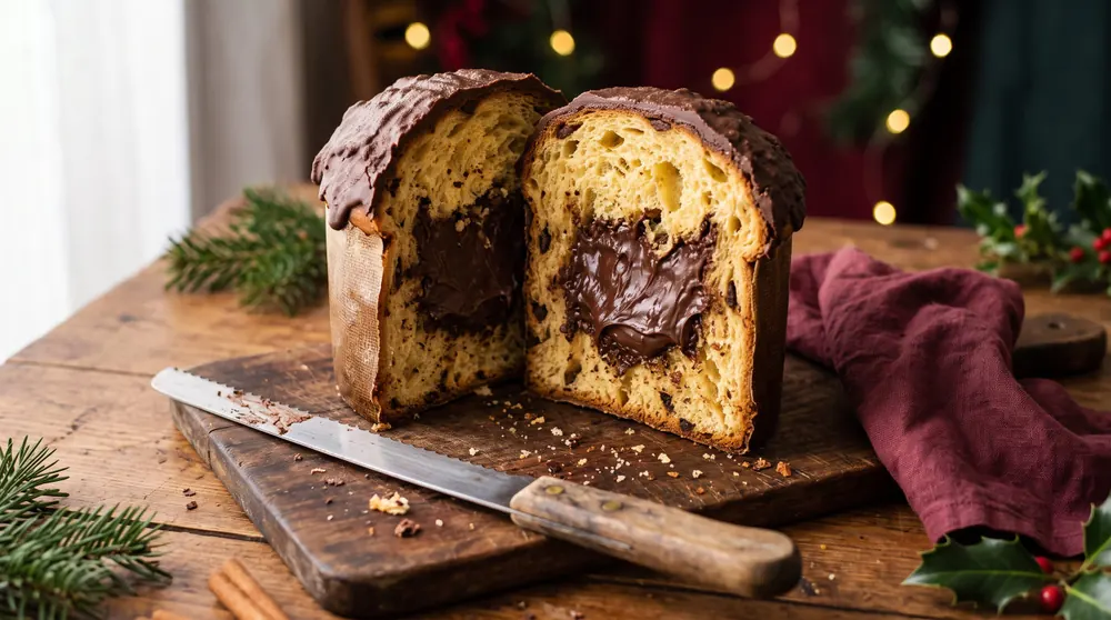 Panetone trufado cortado ao meio, com recheio de brigadeiro