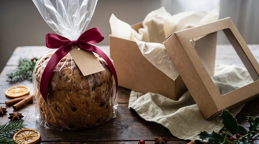 Panetone embalado com fita e caixa kraft